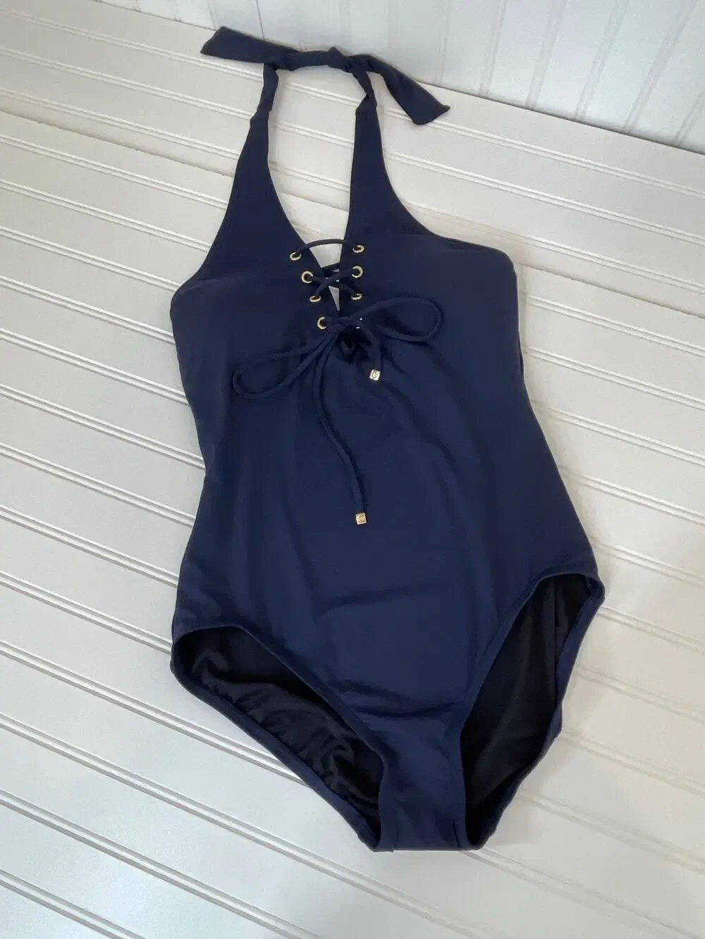NWOT Michael Kors One Piece Bathing Suit Navy Blue Lace Up Halter Swimsuit Sz S